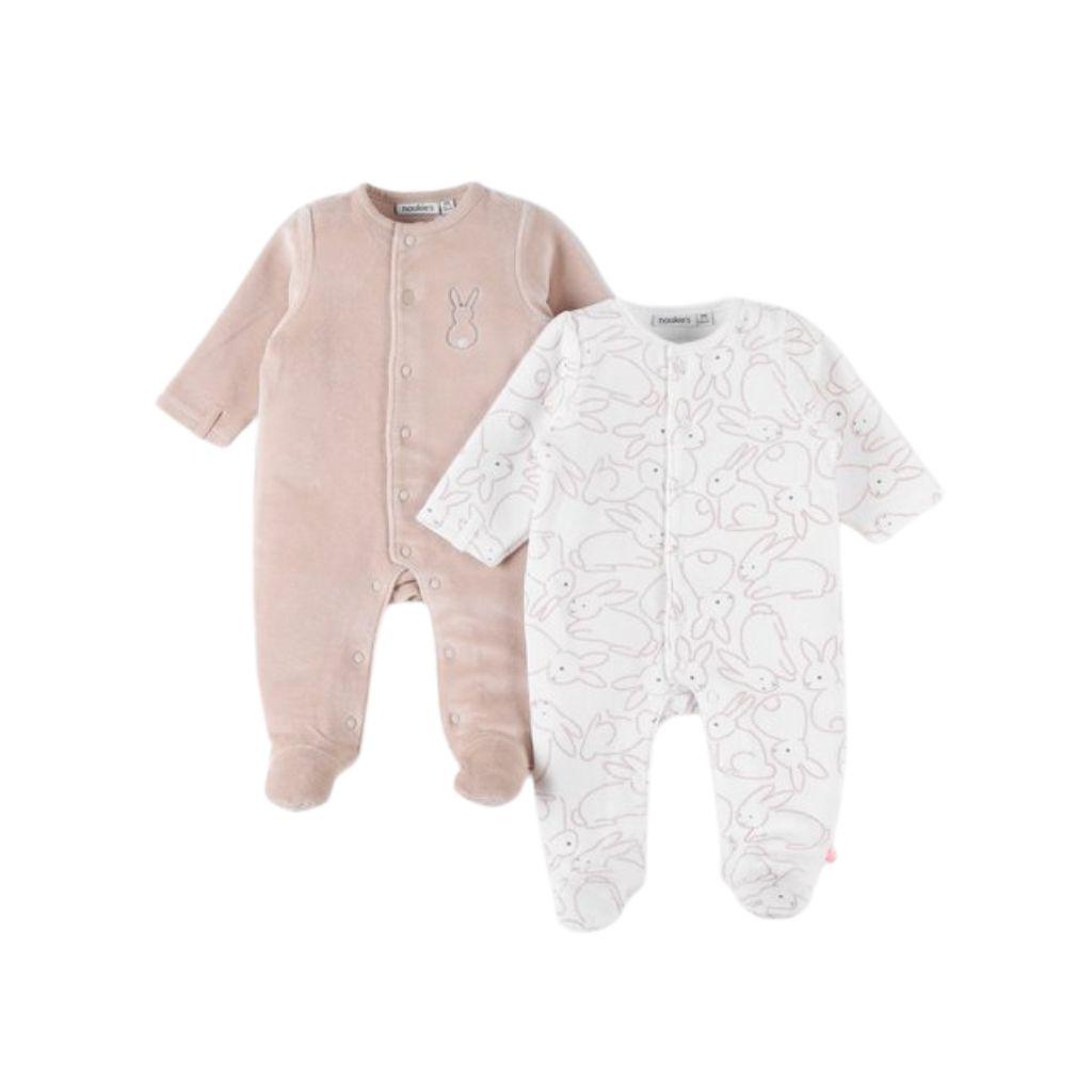 Noukies Pyjama Little Bunny velours 1M zand wit - 2 stuks