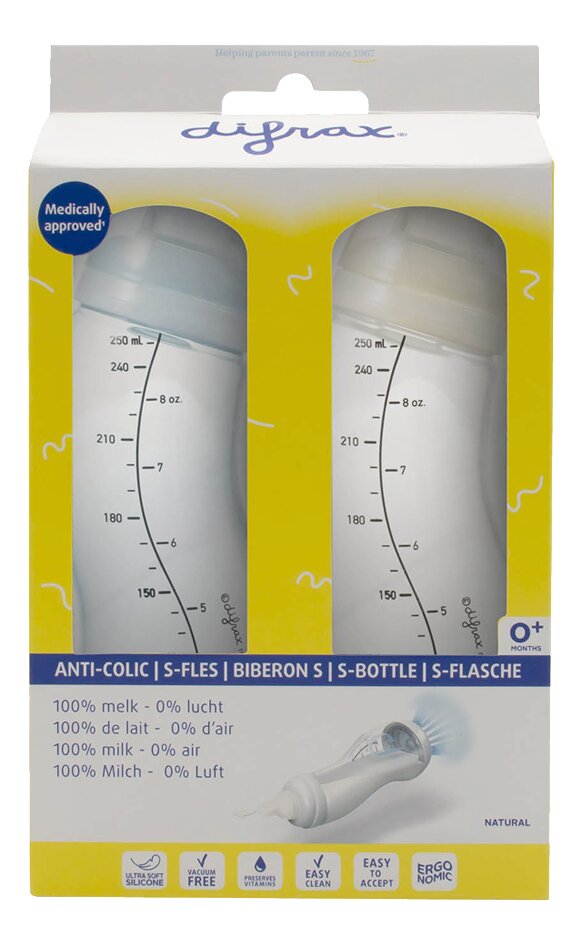 Difrax Biberon en S Natural 250 ml Ice/Popcorn - 2 pièces
