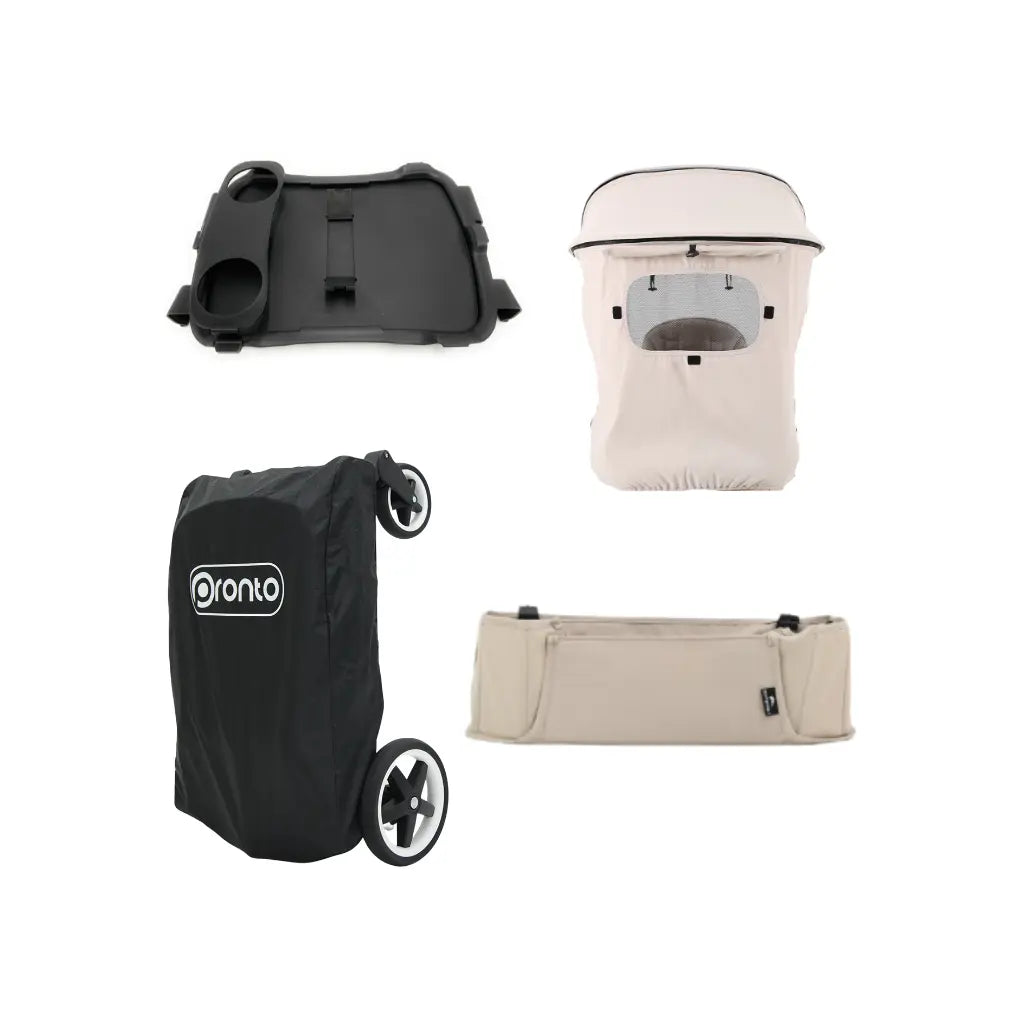 Pronto Pack d'accessoires pour poussette (Plateau + pare-soleil Sand Beige + boîte de rangement secrète Sand Beige + housse de rangement GRATUITE)