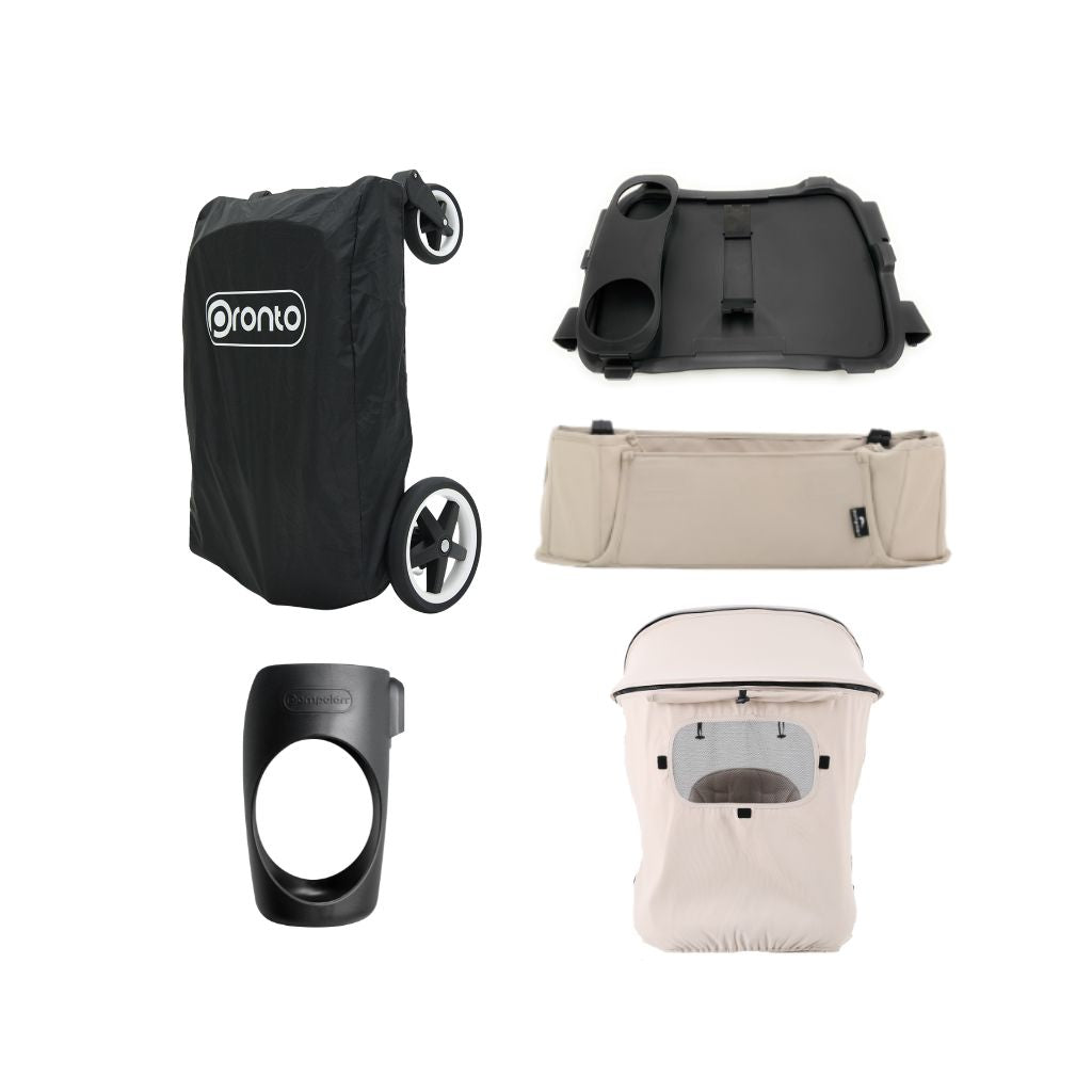 Pronto Stroller bolderkar sand beige + zonnesherm + tray + organizer + opberghoes