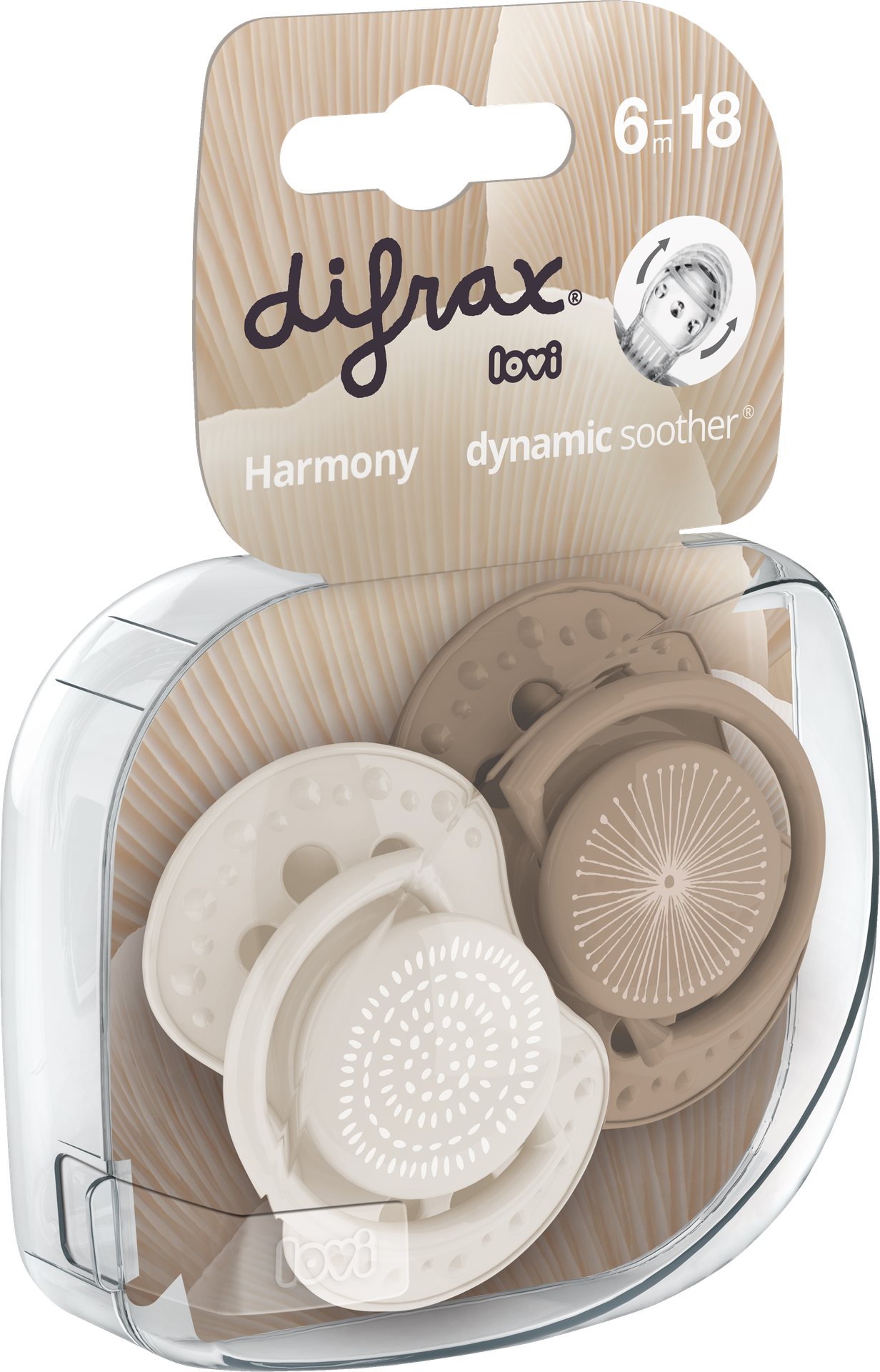 Difrax Fopspeen + 6 maanden LOVI Dynamic Harmony Cream/Light Brown - 2 stuks