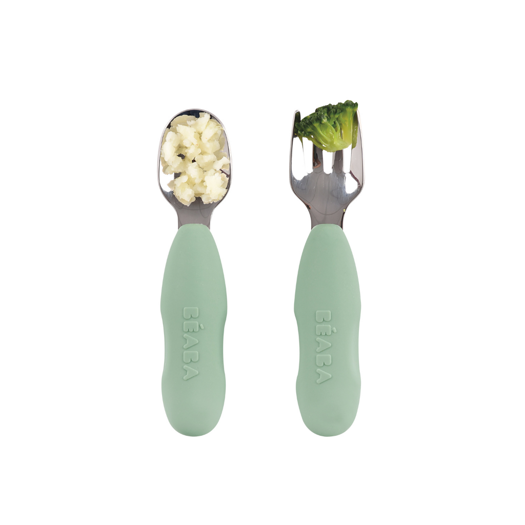 Béaba Set de couverts en acier inoxydable Sage Green - 2 pièces