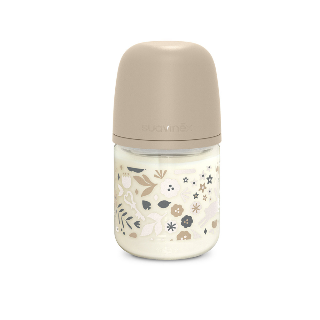 Suavinex Glazen zuigfles Wonderland 0+ trage melktoevoer 120 ml beige