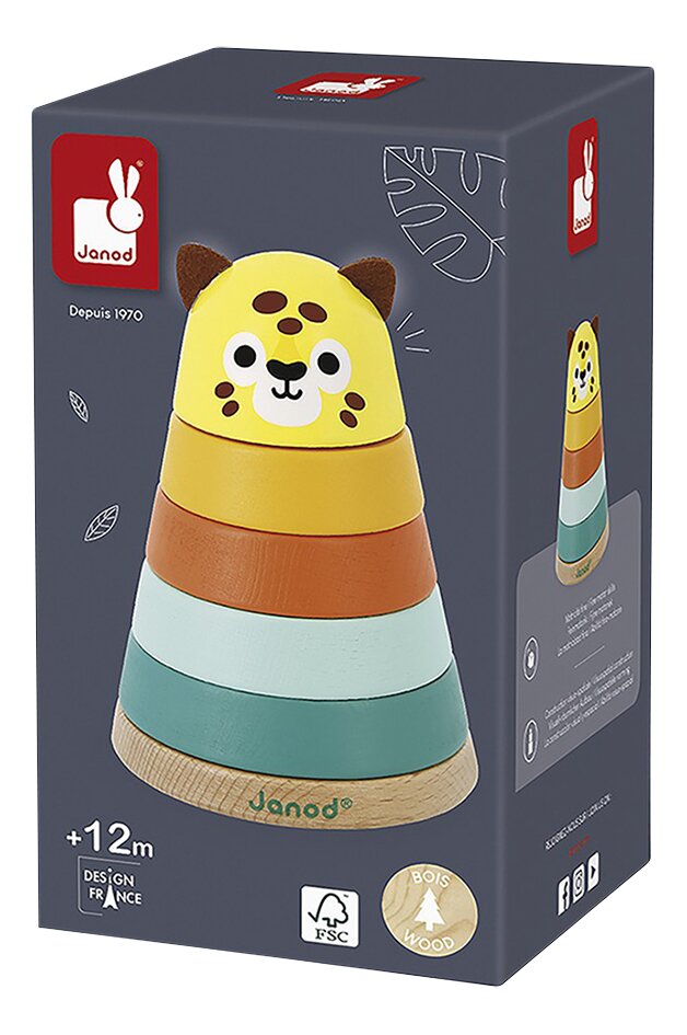 Janod Anneaux en bois à empiler Jaguar Tropik