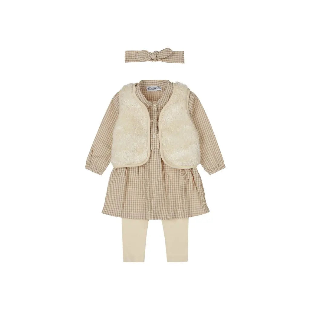 Dirkje Set 4-delig jurk legging bodywarmer haarband Taupe meisje