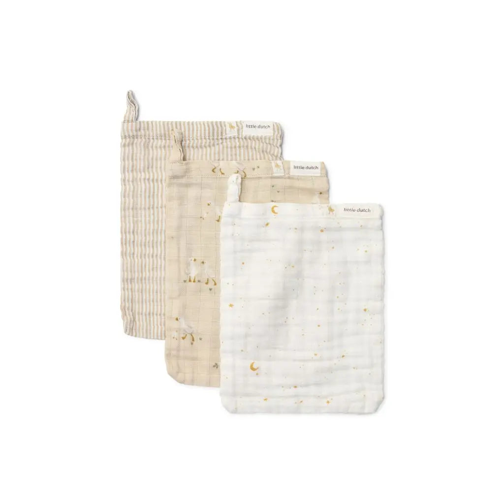 Little Dutch Gant de toilette Newborn Naturals Little Goose Beige - 3 pièces