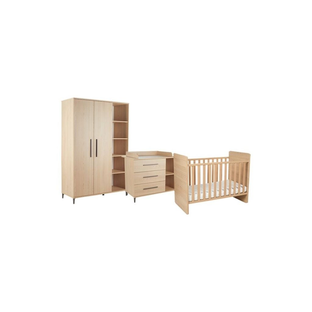 Transland Chambre de bébé 3 pièces (lit évolutif + commode + armoire 2 portes et étagères ouvertes) Niel