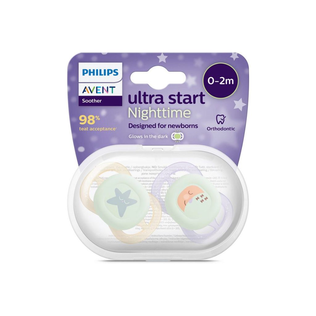 Philips AVENT Fopspeen + 0 maanden Ultra Start Night Mix munt/blauw, lila/perzik - 2 stuks