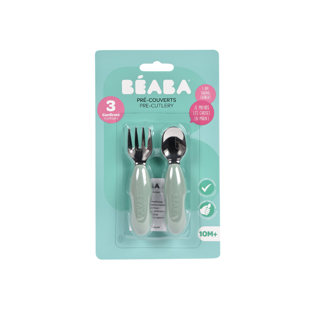 Béaba Set de couverts en acier inoxydable Sage Green - 2 pièces