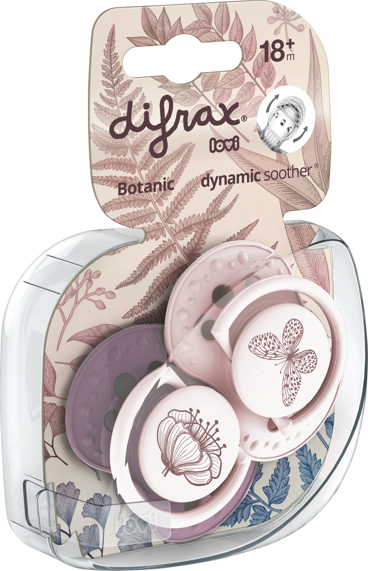 Difrax Fopspeen + 18 maanden LOVI Dynamic Botanic Pink/Purple - 2 stuks