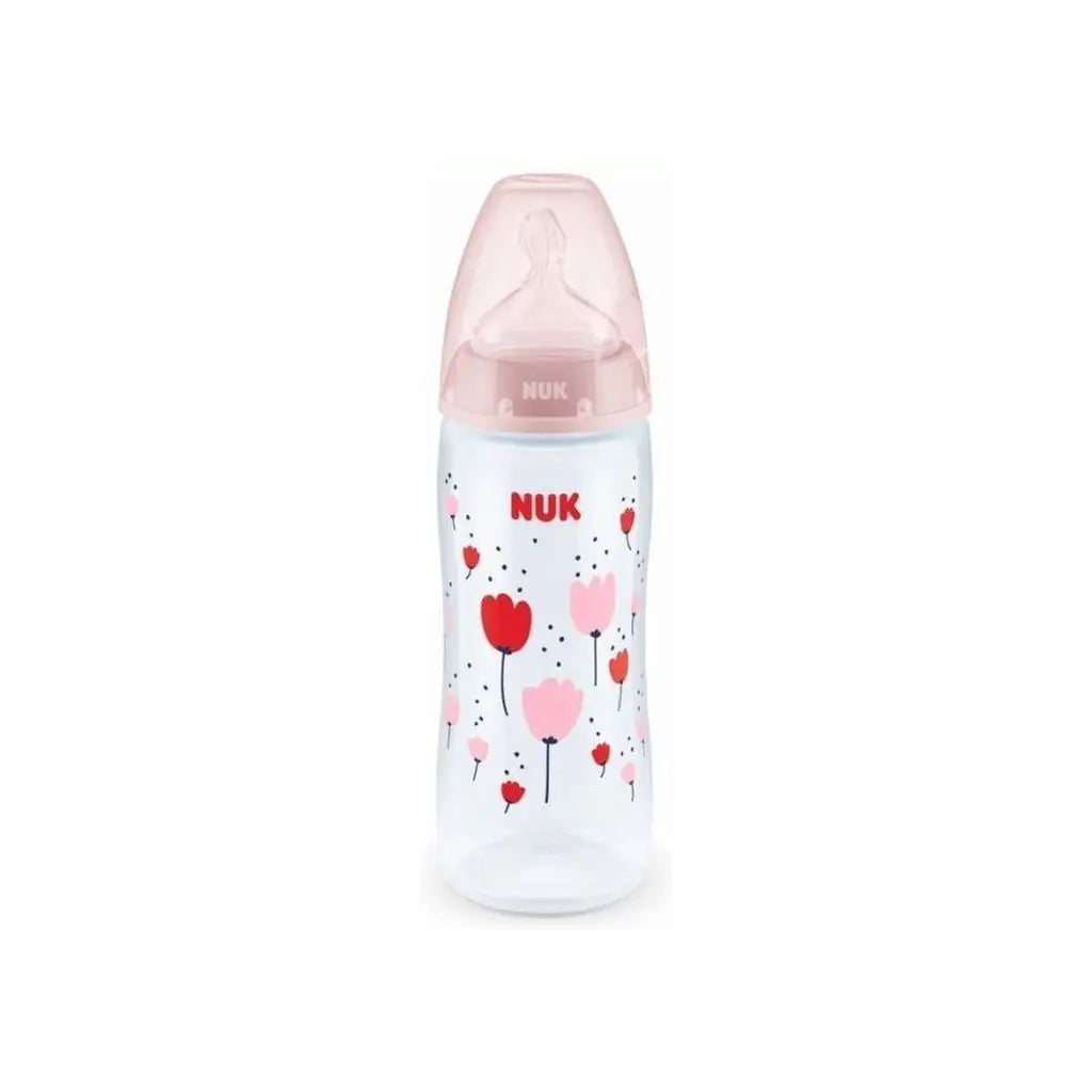 Zuigfles, Nuk, First Choice+, Temperatuur controle, silicone, 360ml, roze, met zuigspeen, 6-18mnd
