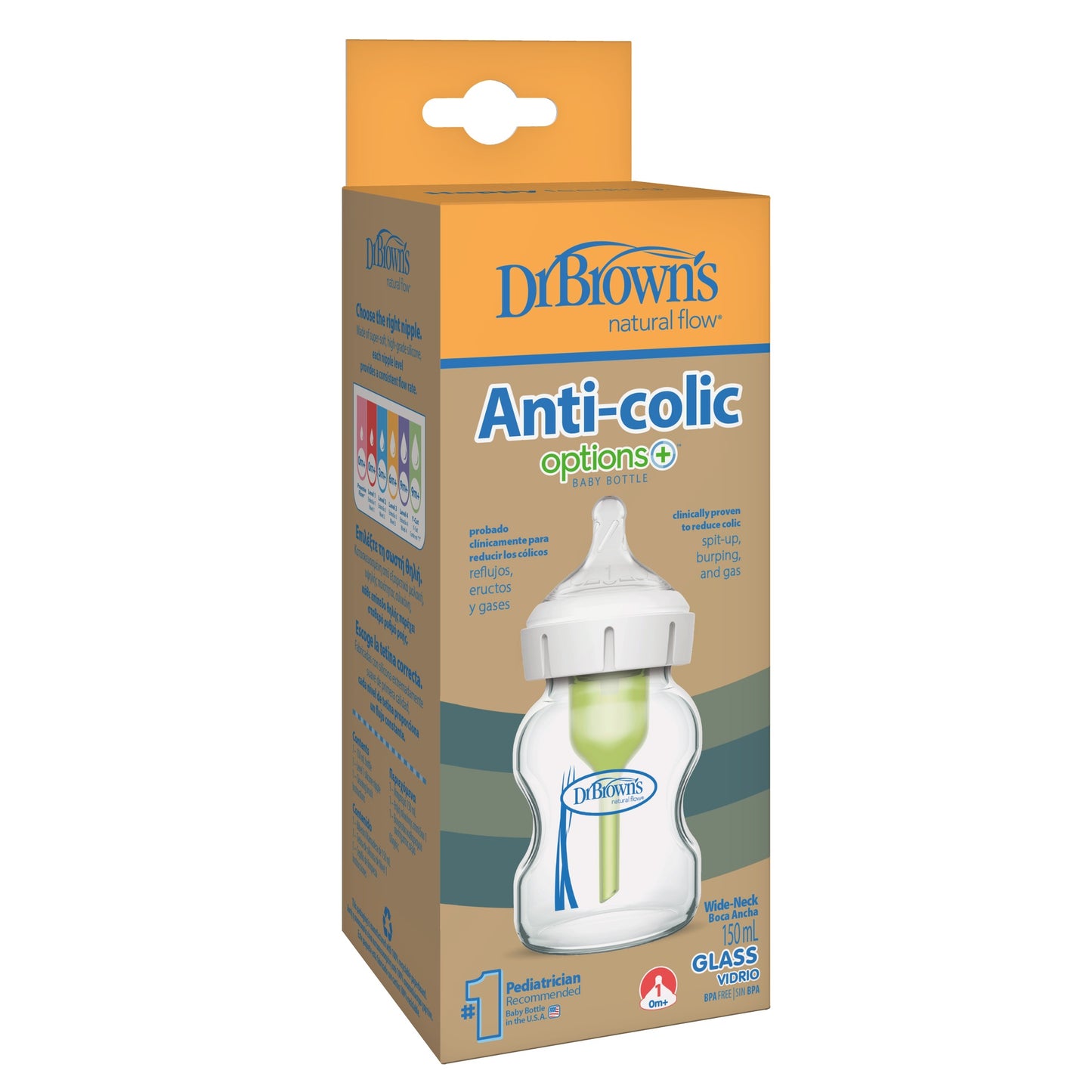 Dr. Brown's Antikoliekzuigfles Options+ van glas met brede hals transparant 150 ml