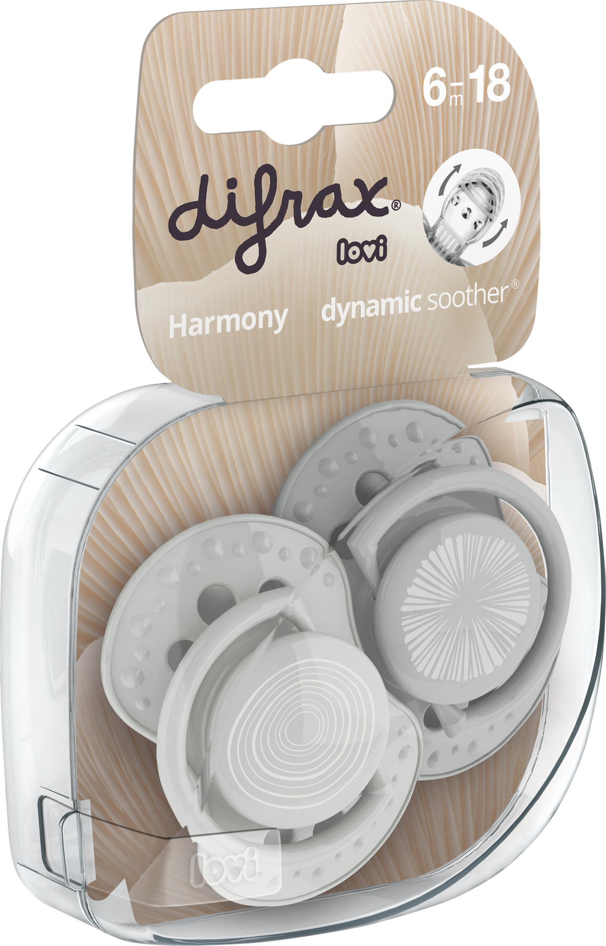 Difrax Fopspeen + 6 maanden LOVI Dynamic Harmony Light Grey/Dark Grey - 2 stuks