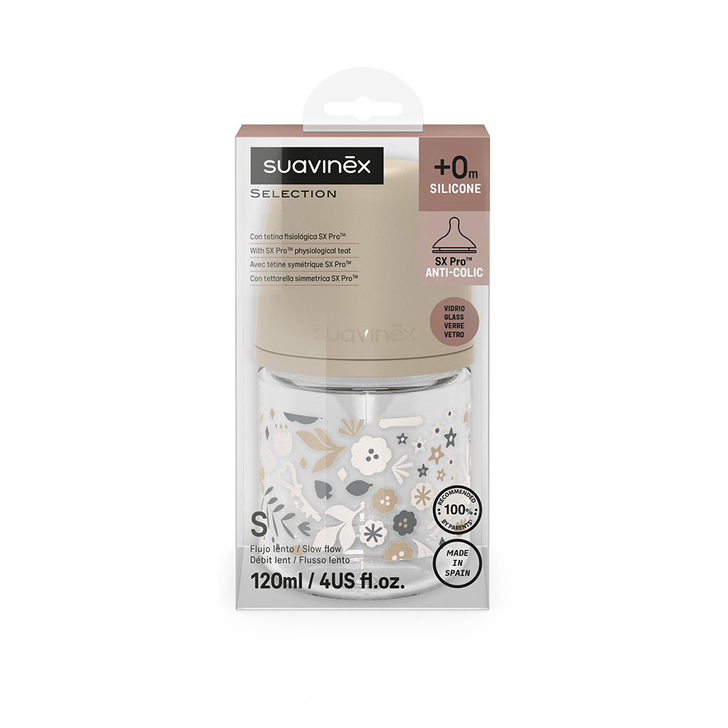 Suavinex Glazen zuigfles Wonderland 0+ trage melktoevoer 120 ml beige