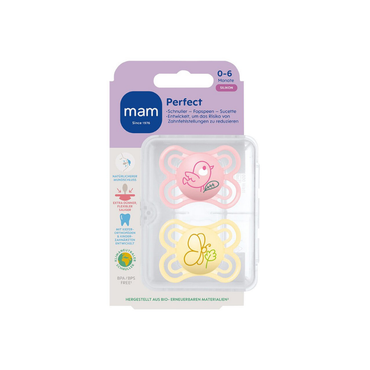 MAM Fopspeen + 0 maanden Perfect Silicone roze/geel - 2 stuks