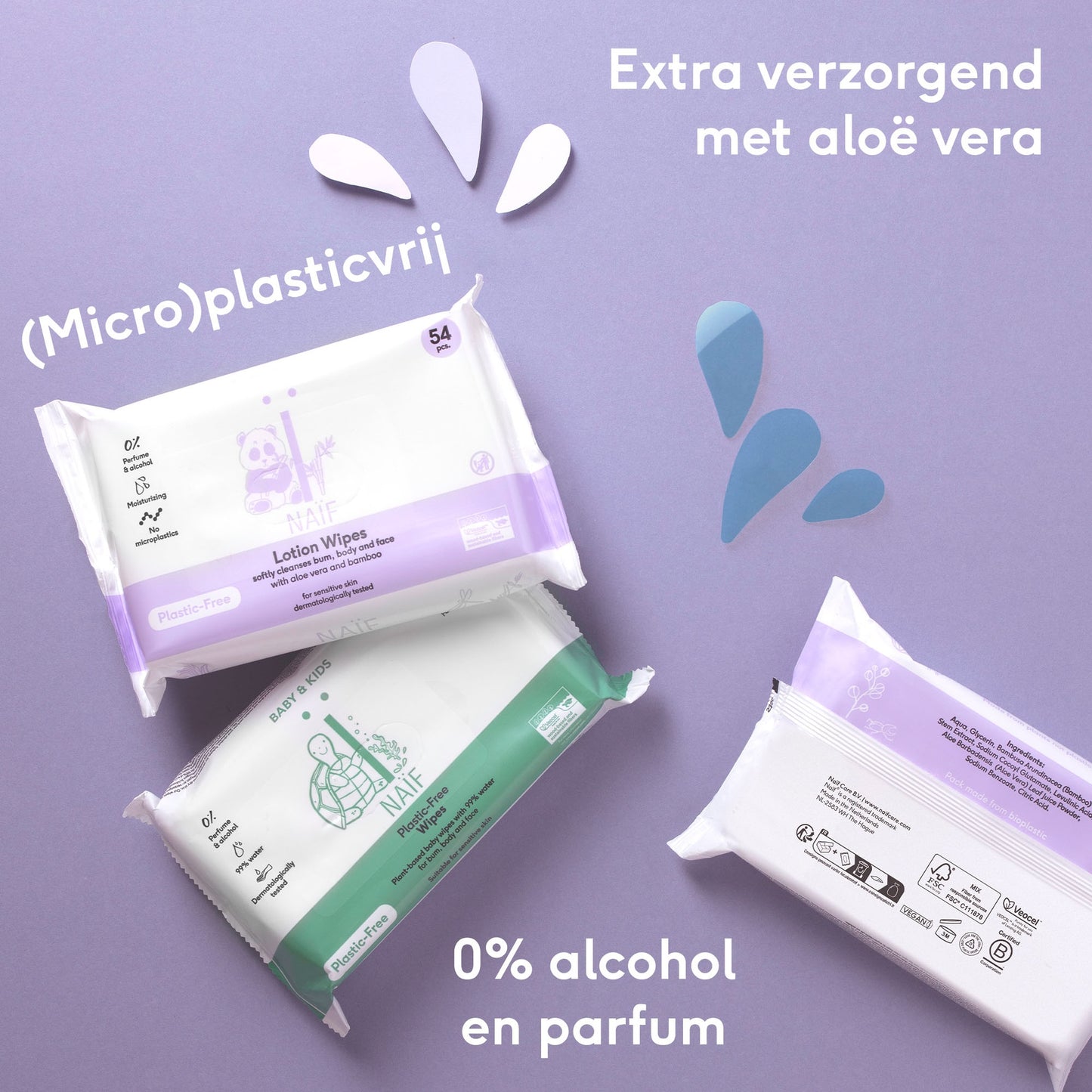 Naïf Vochtige billendoekjes Plastic Free Lotion Wipes 3 x 54 stuks
