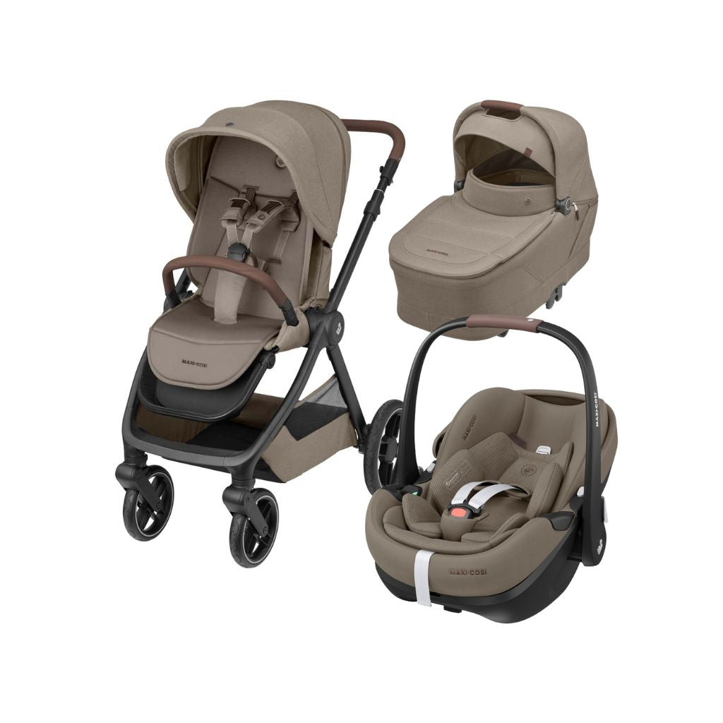 Maxi-Cosi Kinderwagen 5-in-1 Oxford Twillic Truffles + Sense draagmand + adapter + autostoel Pebble 360 pro 2 + basis Familyfix 360 Pro