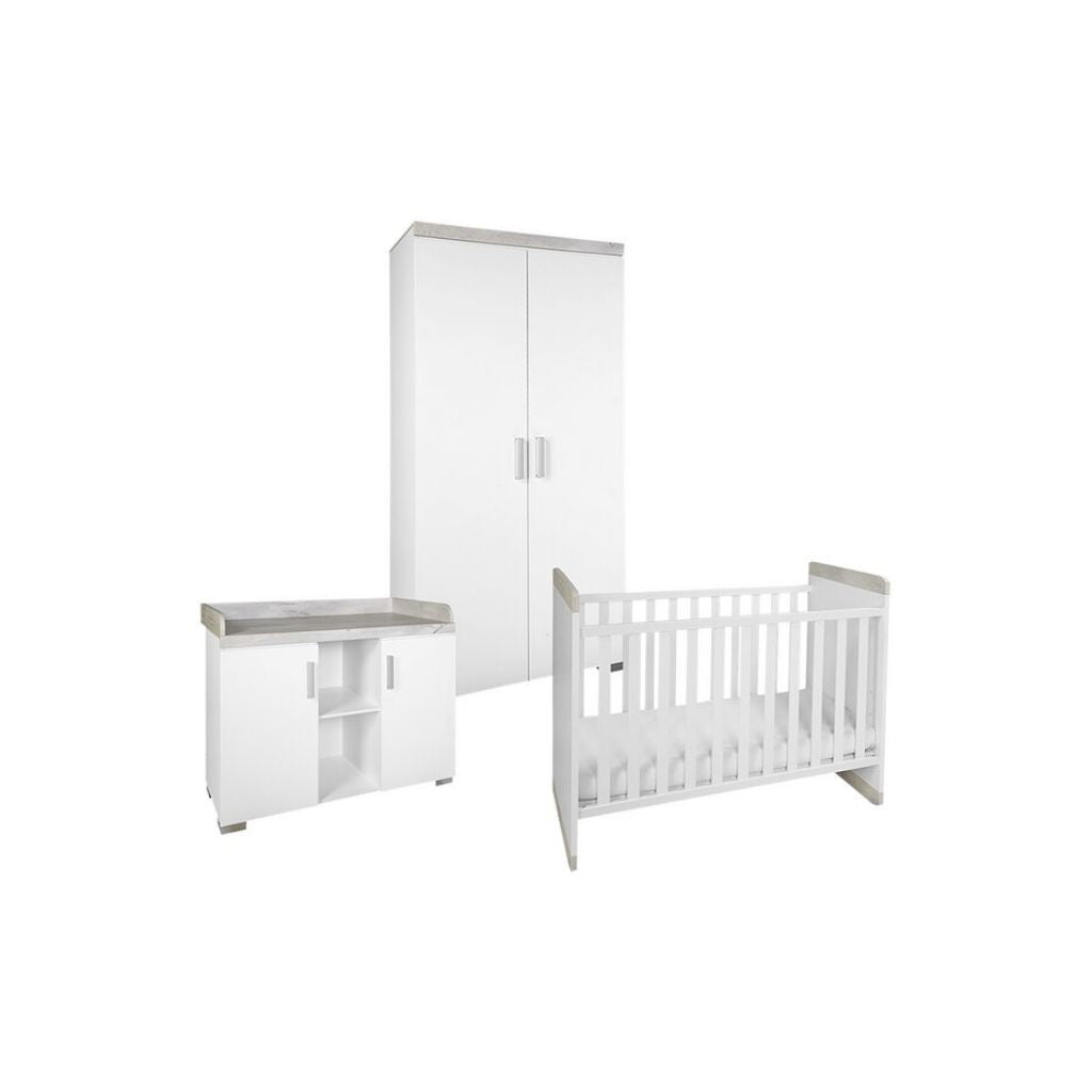 Transland Chambre de bébé 3 pièces (lit évolutif + commode + armoire 2 portes) Alisa blanc
