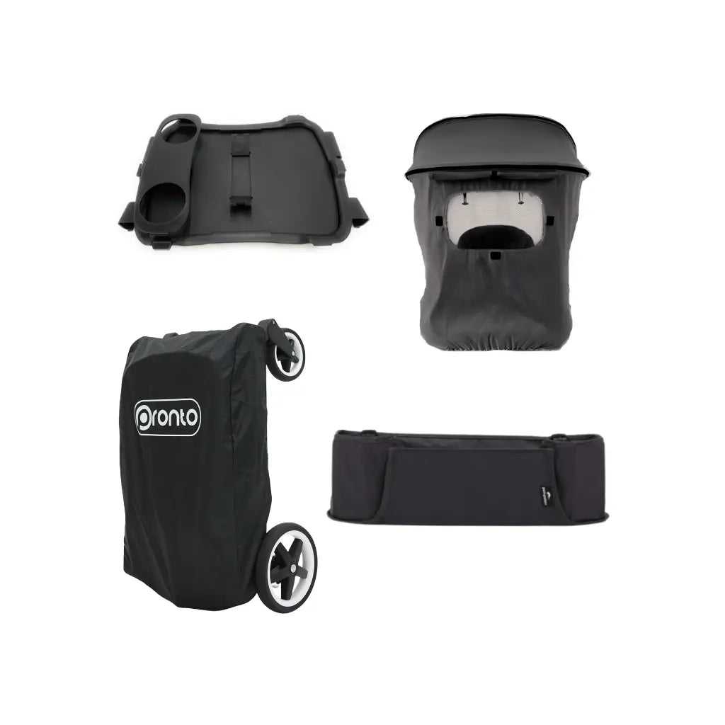 Pronto Pack d'accessoires pour poussette (Plateau + pare-soleil Space Grey + boîte de rangement secrète Space Grey + housse de rangement GRATUITE)