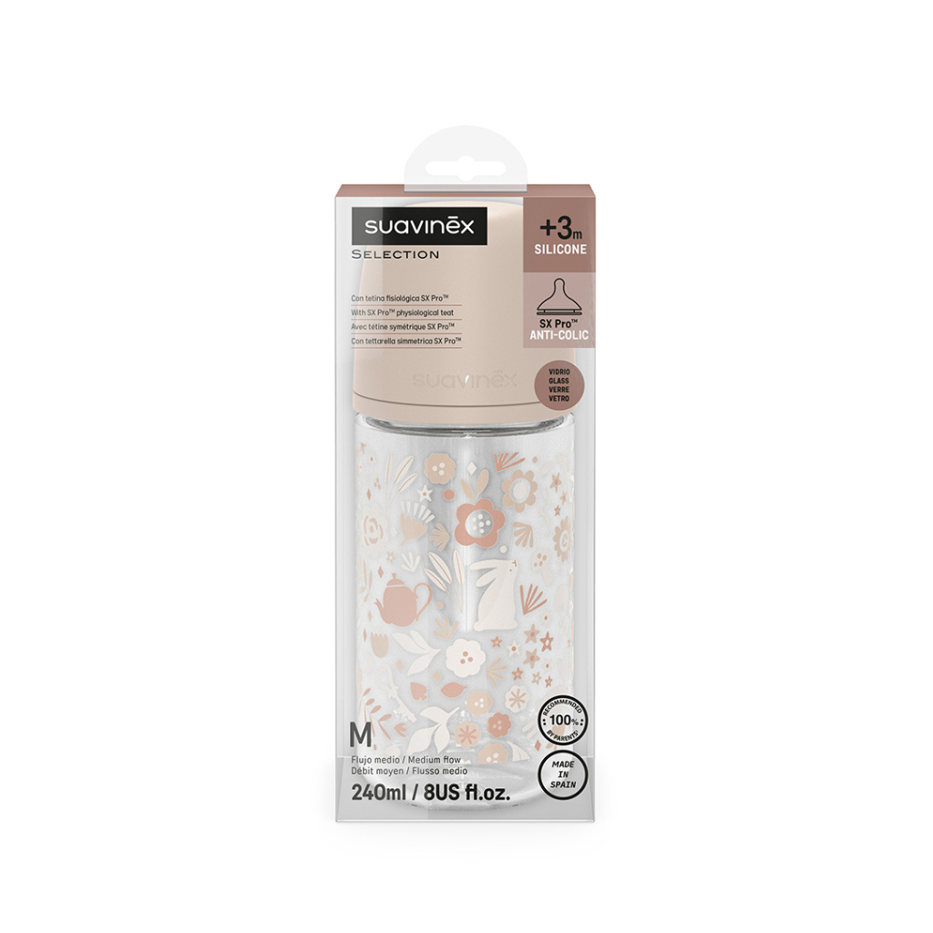Suavinex Glazen zuigfles Wonderland 3m+ medium melktoevoer 240 ml roze
