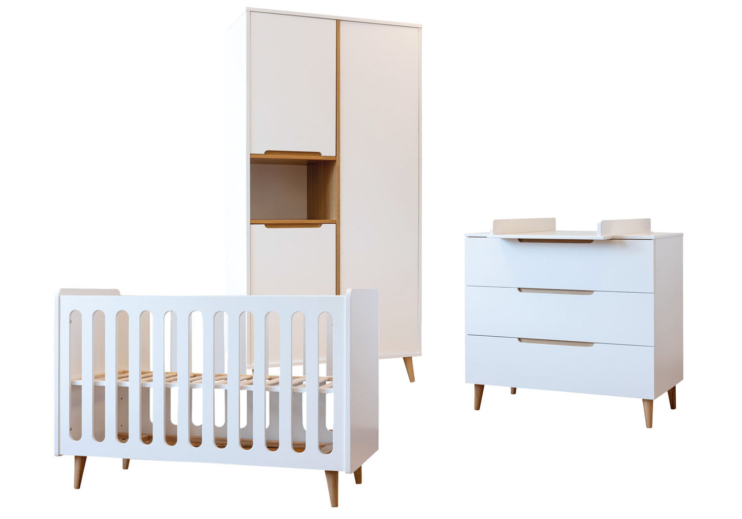 Pericles Chambre de bebe 3 pièces (lit L 14 x Lg 7 cm - commode - armoire 3 portes) Boho White