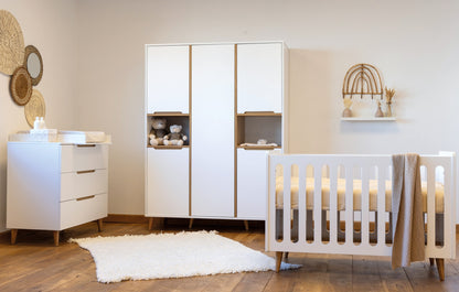Pericles Chambre 3 elements (lit L 14 x Lg 7 cm - commode - armoire 5 portes) Boho White