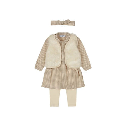 Dirkje Set 4-delig jurk legging bodywarmer haarband Taupe meisje