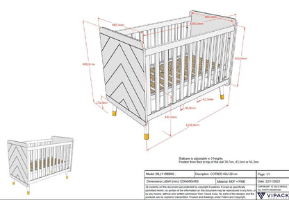 Jaxx Chambre de bebe 3 pièces (lit - commode - armoire 3 portes) Billy Rose Terra-blanc