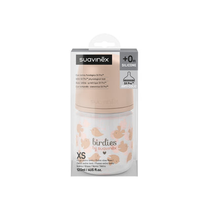 Suavinex Biberon en verre tétine SX Pro XS Birdies rose 120 ml