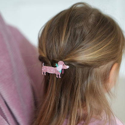 Busy Lizzie Pince à cheveux avec teckel pailleté rose