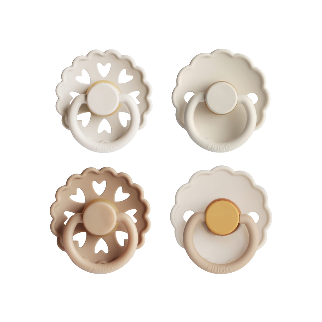 Frigg Fopspeen Latex Snowflake & Daisy M2 Beige/Bruin – 4 stuks