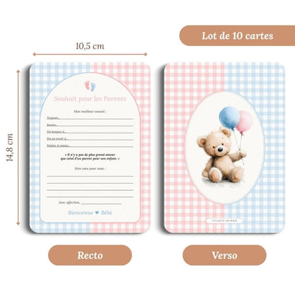 Studio Miron Cartes de vœux Vichy Rose/Bleu – 10 pièces