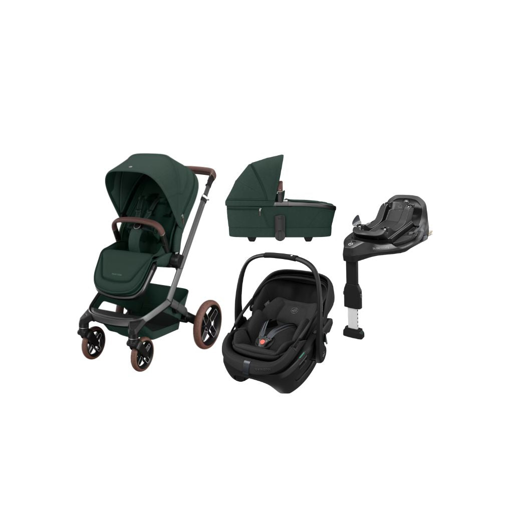 Maxi-Cosi Kinderwagen Fame Twillic Green + Draagmand + Basis Familyfix Slide Pro  + Coral Slide Pro Onyx Black