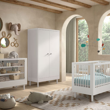 Jaxx Chambre de bébé 3 pieces (Lit de bébé Lg 60 x L 120 cm + Table à langer + Armoire 2 portes) Forrest Hêtre Blanc