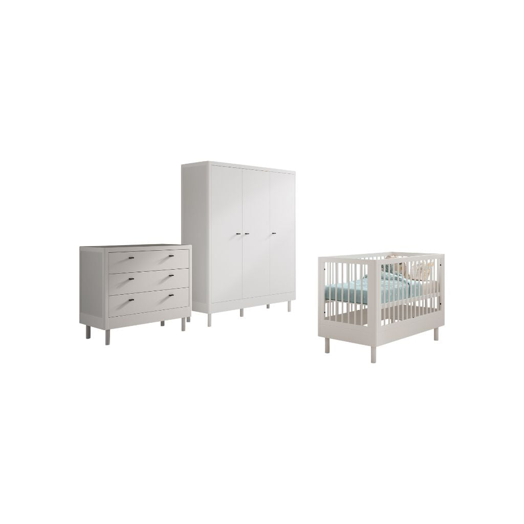 Jaxx Chambre de bébé 3 pieces (Lit de bébé Lg 60 x L 120 cm + Commode + Armoire 3 portes) Forrest Hêtre Blanc