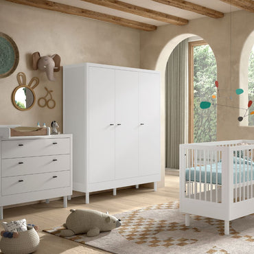Jaxx Chambre de bébé 3 pièces (Lit de bébé Lg 60 x L 120 cm + Commode avec rallonge + Armoire 3 portes) Forrest Hêtre Blanc