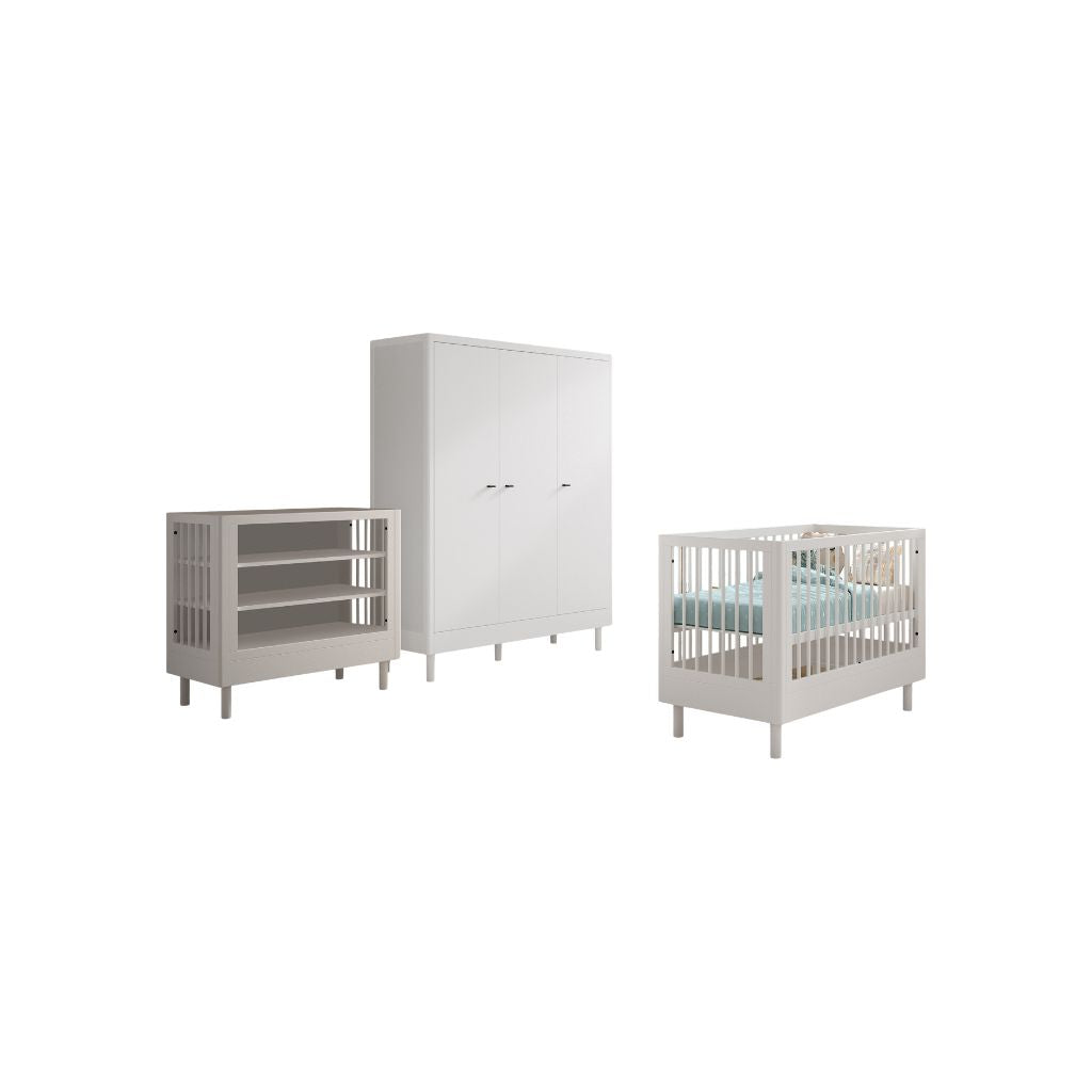 Jaxx Chambre de bébé 3 pièces (Lit de bébé Lg 60 x L 120 cm + Table à langer + Armoire 3 portes) Forrest Hêtre Blanc