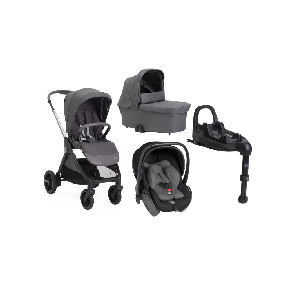 Chicco 3-in-1 Kinderwagen Trio Bellagio Black Satin + Draagmand Flexi Black Satin + Draagbare autostoel Groep 0+ First Seat Recline i-Size Black Satin + Basis i-size 360°