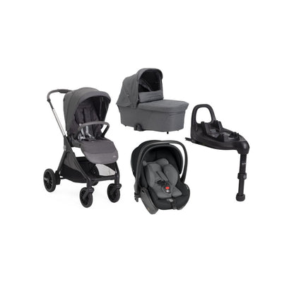 Chicco 3-in-1 Kinderwagen Trio Bellagio Black Satin + Draagmand Flexi Black Satin + Draagbare autostoel Groep 0+ First Seat Recline i-Size Black Satin + Basis i-size 360°