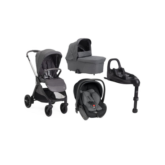 Chicco 3-in-1 Kinderwagen Trio Bellagio Black Satin + Draagmand Flexi Black Satin + Draagbare autostoel Groep 0+ First Seat Recline i-Size Black Satin + Basis i-size 360°