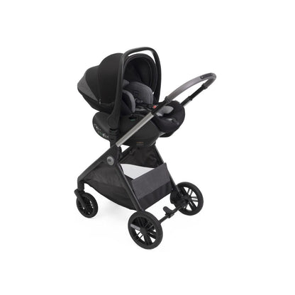 Chicco 3-in-1 Kinderwagen Trio Bellagio Black Satin + Draagmand Flexi Black Satin + Draagbare autostoel Groep 0+ First Seat Recline i-Size Black Satin + Basis i-size 360°