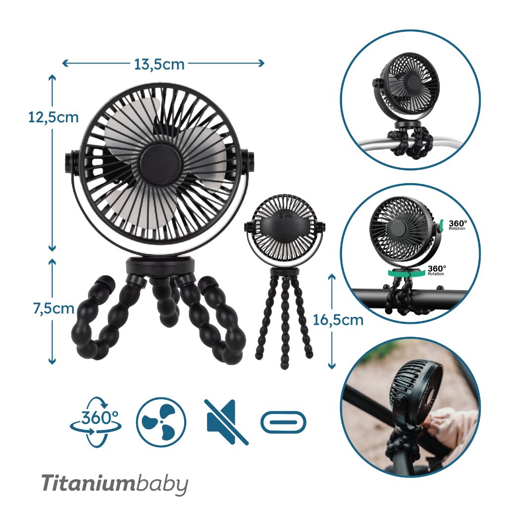 Titaniumbaby Ventilateur Rechargeable Pour Poussette Flexible Noir Universel