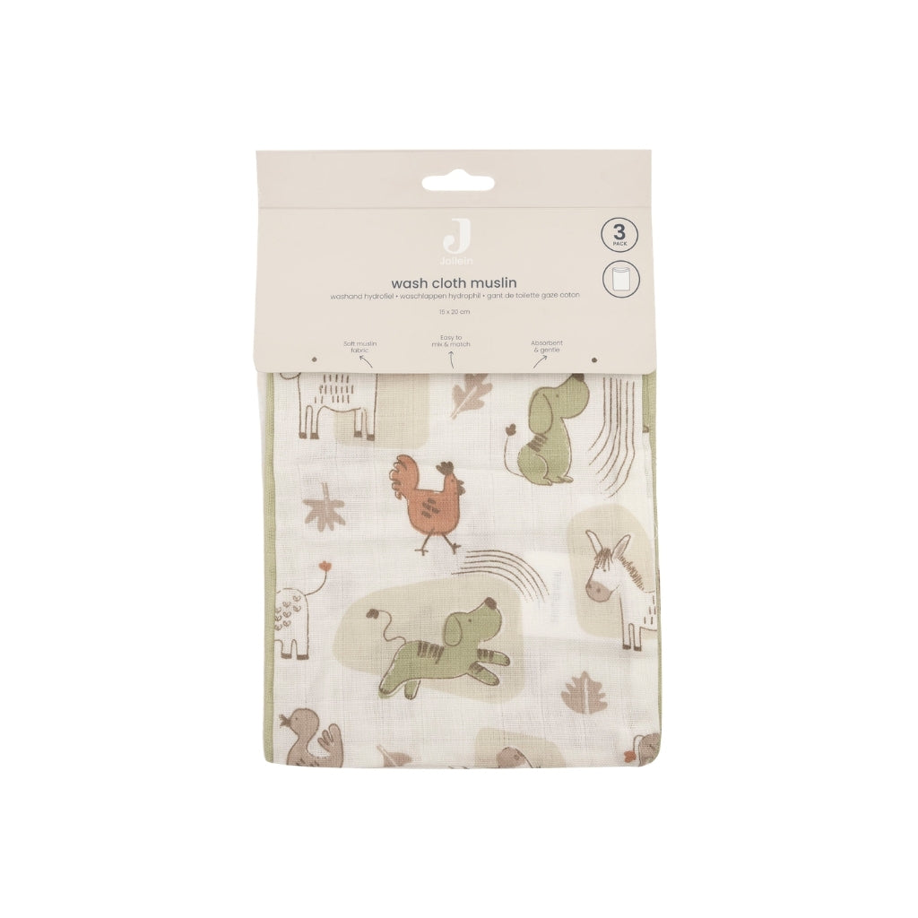 Jollein Washandje Hydrofiel Barn Buddies Multi – 3 Stuks