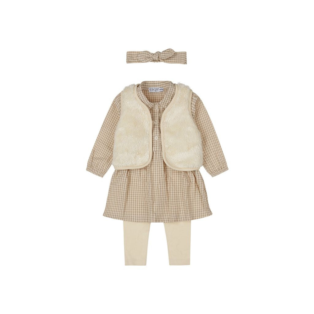 Dirkje Set 4-delig jurk legging bodywarmer haarband Taupe meisje