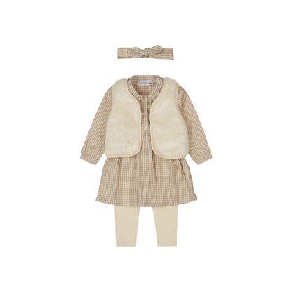Dirkje Set 4-delig jurk legging bodywarmer haarband Taupe meisje