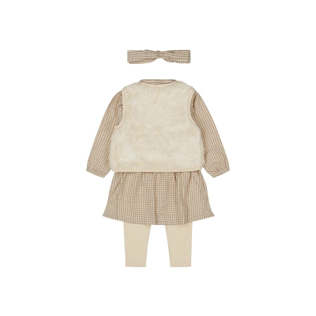 Dirkje Set 4-delig jurk legging bodywarmer haarband Taupe meisje