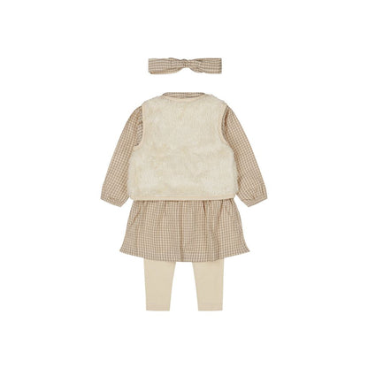 Dirkje Set 4-delig jurk legging bodywarmer haarband Taupe meisje