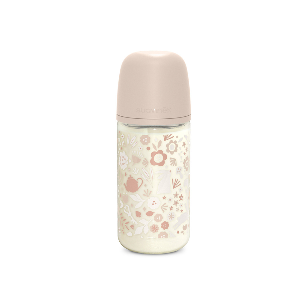 Suavinex Glazen zuigfles Wonderland 3m+ medium melktoevoer 240 ml roze