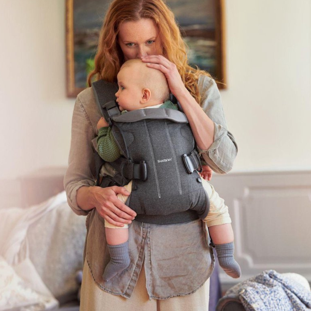 Draagzak BabyBjorn One, grijs denim, Cotton Mix, met flexibel rugpand