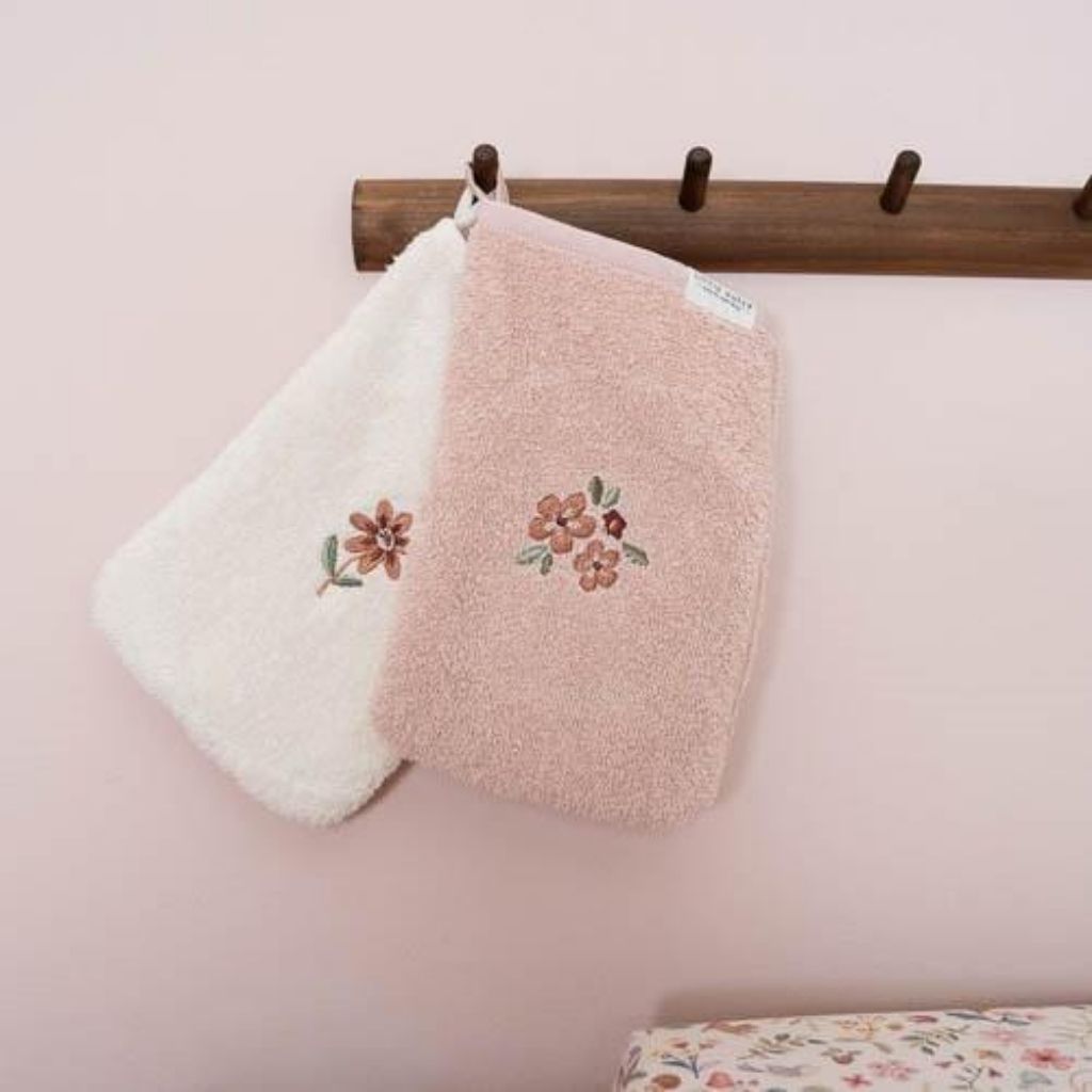 Little Dutch Washandje geborduurd Fairy Garden roze/beige B 14 x L 21 cm - 2 stuks